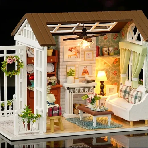 Domek dla lalek drewniany salon model do złożenia LED 8008-A 20,6cm – widok 1